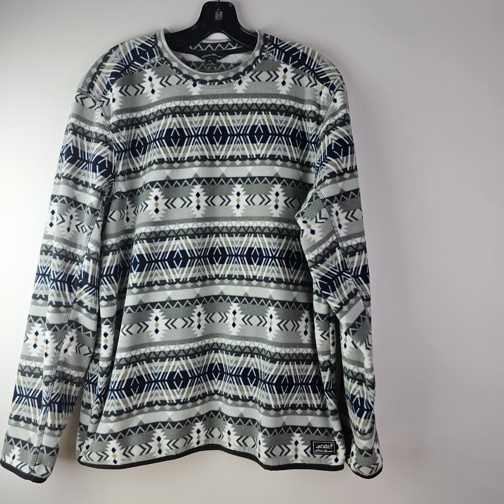 Eddie Bauer Mens M Pullover Fleece Aztec White Blue Gray Crew Neck Soft LS Warm